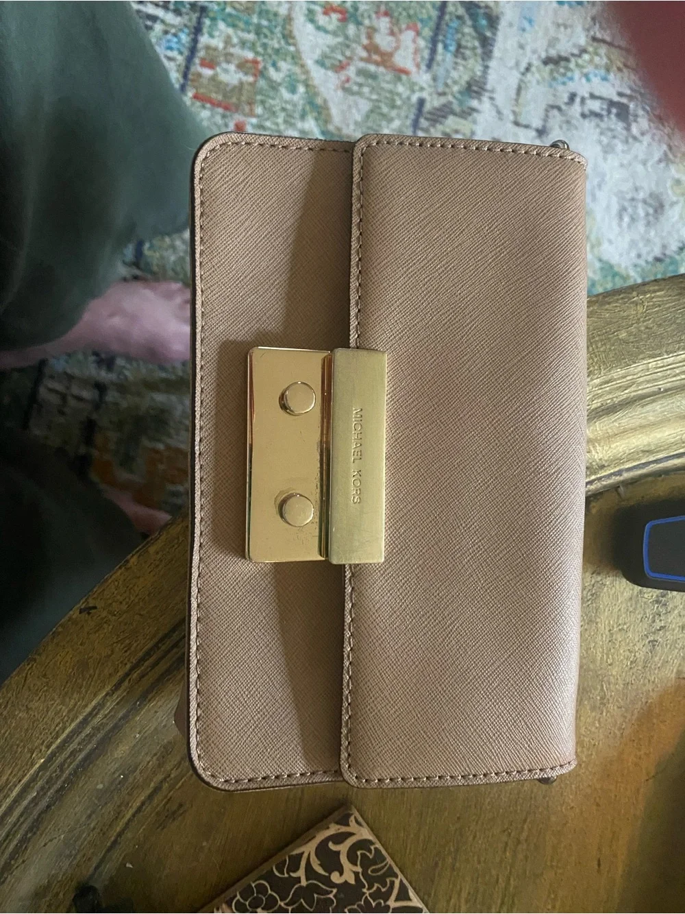 Michael Kors Beige Saffiano Leather Wallet Clutch with Gold Hardware